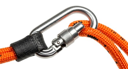 A close up of a carabiner and orange rope on a white background surface