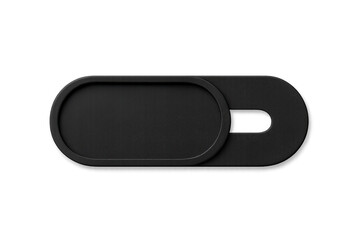 Black webcam cover ensuring online privacy and security, featuring a sliding mechanism on a transparent background