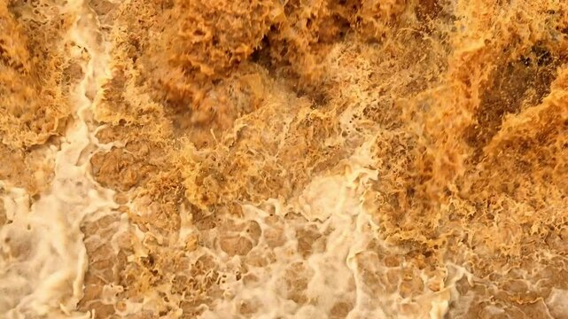 Bird&rsquo;s eye shot captures turbulent sediment-filled floodwaters, highlighting the role of greenhouse gases in driving climate change and intensifying natural disasters globally. Thailand.
