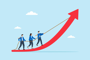 Flat illustration of business leader pulling rope on rising arrow graph with team climbing innovation curve toward business growth