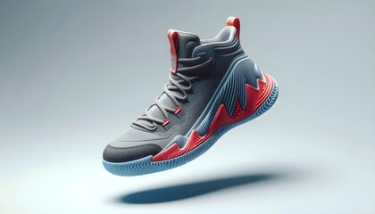 Floating 3D basketball shoes with detailed sole and vivid accents isolated on soft gray background for advertising