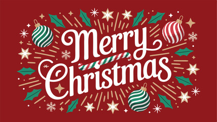 Merry Christmas typography with festive ornaments and candy cane.