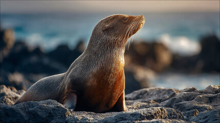 Endangered Seals on Rocky Shore: Marine Wildlife Photography at Sunset in the Galapagos
