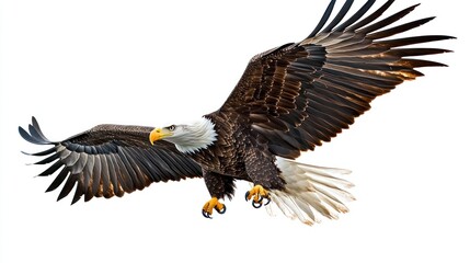 Obraz premium Bald eagle in flight against white background. Use for wildlife, nature, and educational purposes