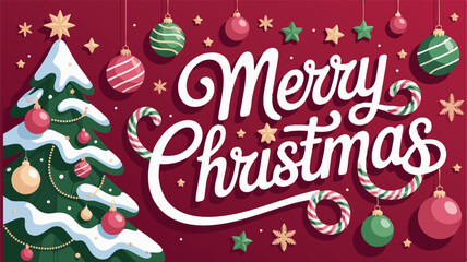 Merry Christmas typography with festive ornaments and candy cane.