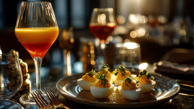 Elegant cocktail and deviled eggs on fancy restaurant table at golden hour, perfect for upscale dining and gourmet lifestyle visuals

