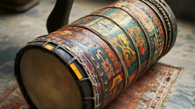 Antique Indian Dhol Drum with Intricate Paintings and Rope Tensioning System on a Persian Rug, Cultural Heritage and Musical Instrument