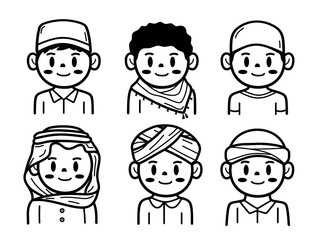 SET OF PEOPLE MUSLIM BOY AVATAR CHARACTERS HAND DRAWN VECTOR