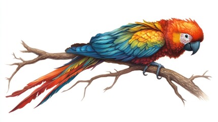 Obraz premium Colorful macaw perched on branch, vibrant plumage, digital art