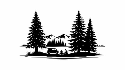 Silhouette of a car and a person camping near a lake surrounded by tall pine trees and distant mountains editable vector eps,ai