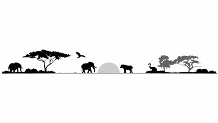 Silhouette of african wildlife including elephants, birds, hippopotamus, and trees at sunset landscape editable vector eps,ai