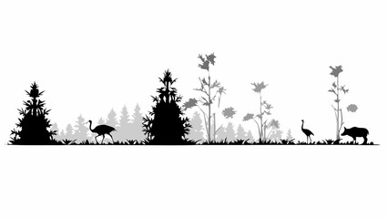 Silhouette of a landscape with trees plants an ostrich a crane and a boar in black and white style editable vector eps,ai