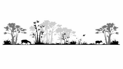 Silhouette landscape with trees, grass, birds and two animals grazing in a monochrome black and white scene editable vector eps,ai