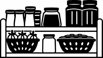 Black and white illustration of a pantry shelf with jars and baskets of food items displayed on it editable vector eps,ai silhouette