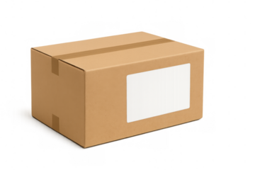 Sealed cardboard box with blank label on transparent background, ideal for shipping and delivery concepts