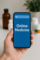 Hand holding a smartphone with "Online Medicine" on screen, representing digital healthcare, pharmacy services, and telemedicine in a modern medical environment

