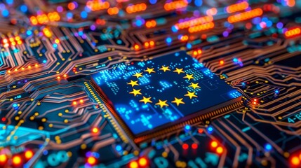 Fototapeta premium European union flag overlaying a map of europe with a digital binary technology background