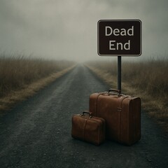 Vintage suitcases left on a foggy deserted road beneath a “Dead End” sign, evoking a sense of finality, abandonment, lost journey, and emotional reflection

