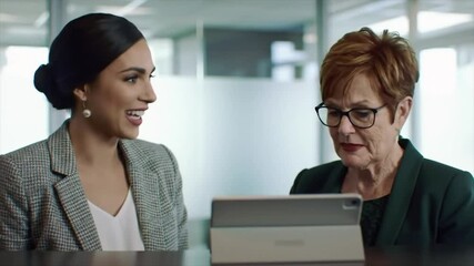 Two women, one of Hispanic descent and another of Caucasian descent, share a joyful moment as they interact with a tablet in a modern office environment