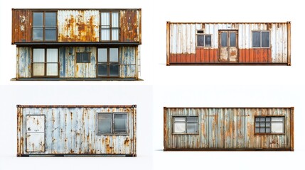 Four rusty metal shipping container homes, variations in design and window placement
