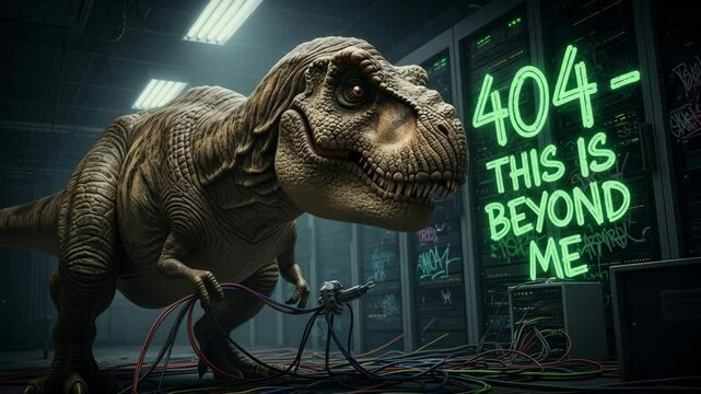 Dinosaur surrounded by tangled cables and tech equipment looks bewildered in high-tech environment, humorously highlighting mismatch between prehistoric creature and modern error code