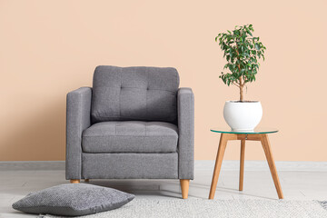 Armchair with cushion on floor and houseplant near beige wall