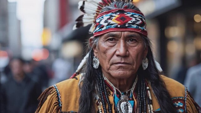 A Native American man, adorned in traditional regalia, stands amidst the urban bustle.Intricate beadwork and feathers grace his headpiece, a testament to rich cultural heritage.