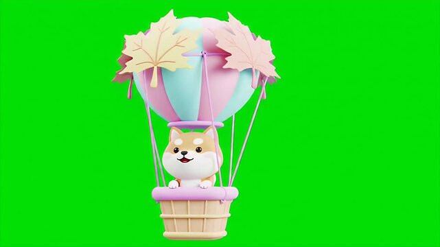 Cute Shiba Inu in Pastel Hot Air Balloon with Maple Leaves 3D Rendered Cartoon Animation Isolated on Green Screen