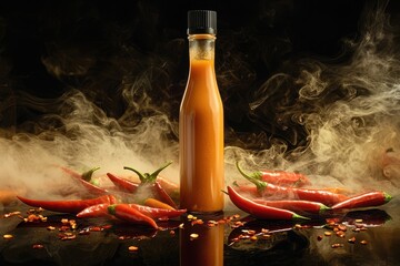 Small glass bottle of vibrant orange hot sauce sits amidst scattered red chili peppers and swirling smoke on a dark reflective surface