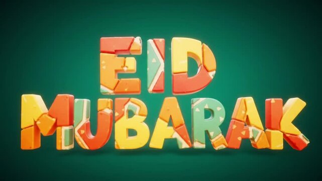 A cheerful and vibrant cartoon-style video animation of "Eid Mubarak" written in colorful bubble letters