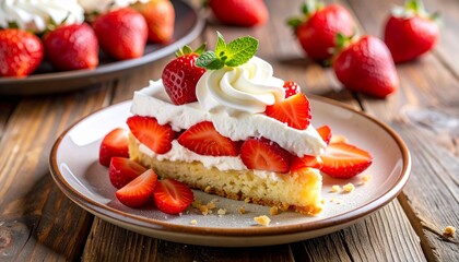 Fresh strawberry shortcake slice with whipped cream, on a ceramic plate, wooden background, natural light, crumbs and strawberries scattered, high quality food photography