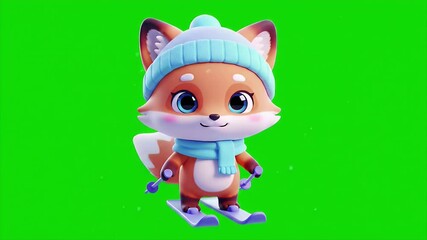 Adorable Cartoon Fox Skiing in Winter Outfit 3D Render Animation Isolated on Green Screen