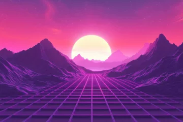 Fotobehang Explore Synthwave Mountain Landscape with Retro Grid and Glowing Sunset © Irfanan