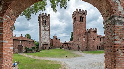 Old red brick castle courtyard
