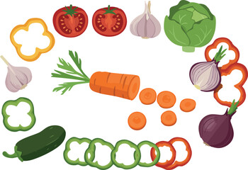 Fresh sliced vegetables with carrot tomato garlic and bell pepper vector illustration 