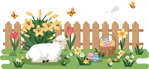Fototapeta premium Easter lamb with spring flowers and wooden fence garden scene vector illustration 