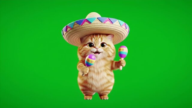 Cute Cartoon Cat with Sombrero and Maracas Dancing on Green Screen Background for Cinco de Mayo 3D Render