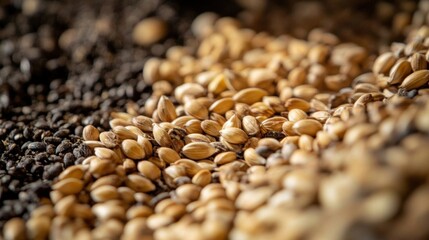 Obraz premium Close Up Of Grain Seeds And Black Seeds, Healthy Food And Natural Ingredients