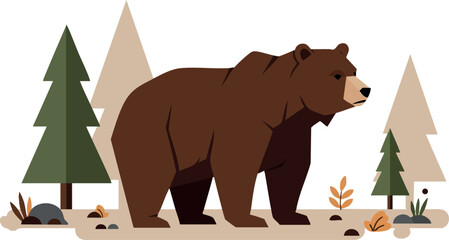 Naklejka premium Brown bear walking in forest with pine trees and autumn leaves vector illustration 