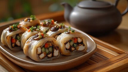 A serene tea house setting presents a simple plate of delicate tofu skin rolls stuffed with mushrooms and vegetables, placed on a wooden table with a teapot