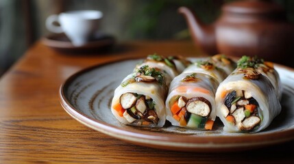 A serene tea house setting presents a simple plate of delicate tofu skin rolls stuffed with mushrooms and vegetables, placed on a wooden table with a teapot