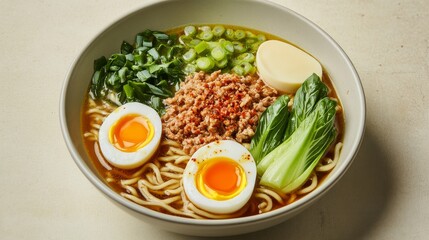 A single-serving bowl of Japanese tantanmen ramen with spicy sesame broth sits in the center of a neutral-colored background, garnished with minced pork, soft-boiled egg, 