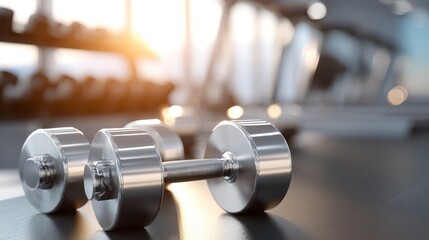 Two Silver Dumbbells in a Gym