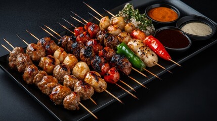 A sleek, high-angle shot of a Japanese izakaya-style table setting, featuring a variety of yakitori skewers, including grilled chicken, tsukune (meatballs), and spicy shishito 