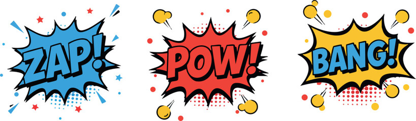 Fototapeta premium Comic Style Zap Pow Bang Sound Effects Vector Illustration with Colorful Speech Bubbles 