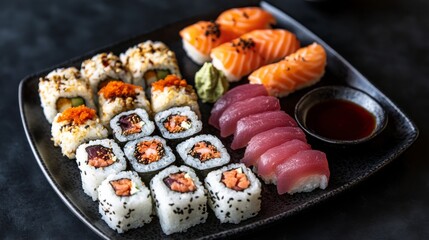 A spacious, clean-cut top-down view of a Japanese sushi platter featuring spicy tuna rolls, salmon sashimi, and nigiri, arranged neatly on a minimalist black ceramic plate, 