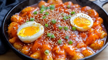 A spacious, top-down shot of a large black cast-iron pan filled with bubbling tteokbokki in a deep red gochujang sauce, garnished with sesame seeds, green onions,