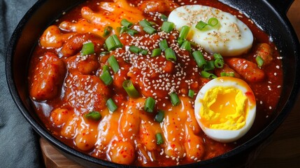 A spacious, top-down shot of a large black cast-iron pan filled with bubbling tteokbokki in a deep red gochujang sauce, garnished with sesame seeds, green onions,