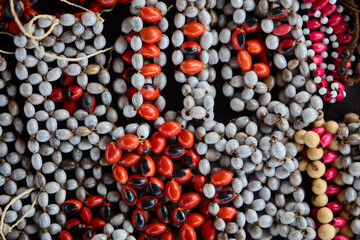organic Amazonian crafts adorned with huayruro seeds(Ormosia coccinea)  . Symbols of luck, protection, and the deep connection between nature and culture in the rainforest. Iquitos Peru.
