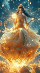 Enchanting goddess rising from a lotus ethereal realm fantasy art dreamlike atmosphere celestial beauty
